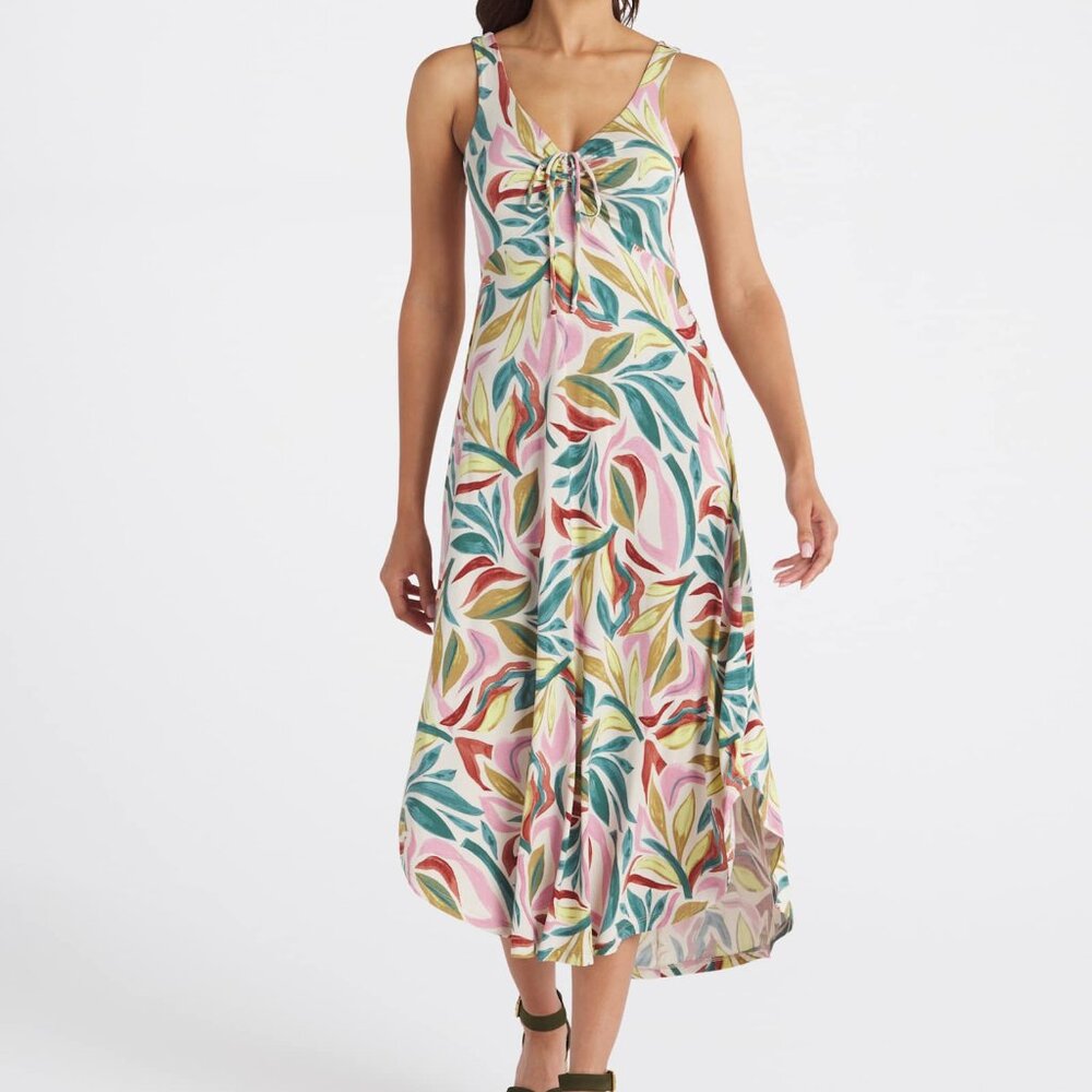 Z Supply Jamie Midi Multi-Color Leaf Print Dress, Size Large